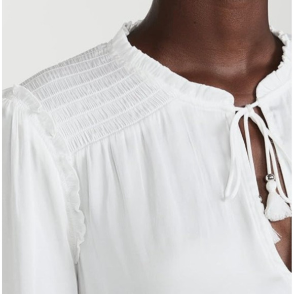 PAIGE Kaylynn Smocked Blouse Tassels City Chic Matte Satin Boho White Womens M - Picture 4 of 16